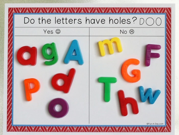 Free printable letter sorting page that reads 'Do the letters have holes?'