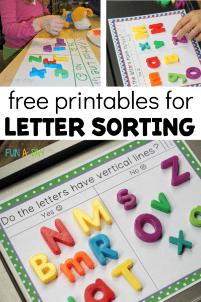 Collage of sorting magnetic letters with text that reads free printables for letter sorting