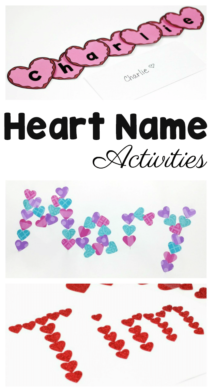 3 Heart Name Crafts and Activities for Valentine's Day in a pinnable image with the text heart name activities