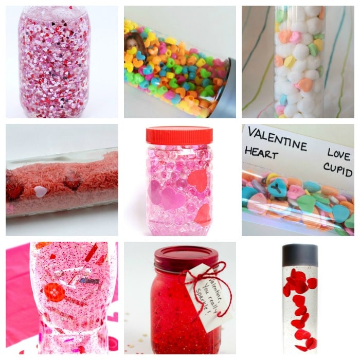 collage of sensory jars for valentine's day