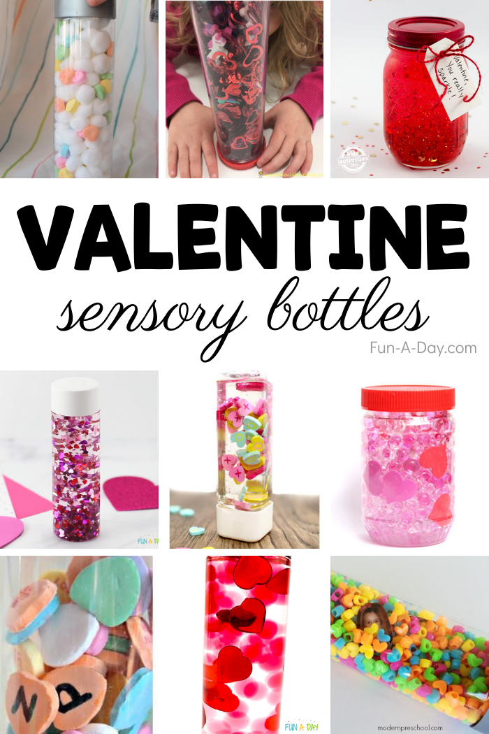 nine different sensory bottles themed for Valentine's Day and the text Valentine sensory bottles