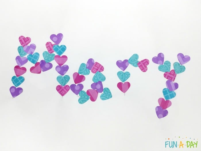 the name mary spelled with colorful hearts