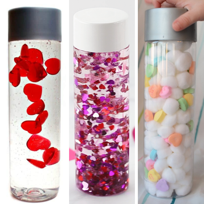 three different valentine's day sensory jars with different themed objects inside