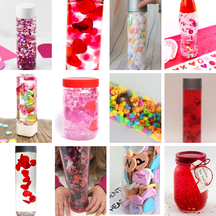 twelve different valentine's day sensory bottles made with different supplies