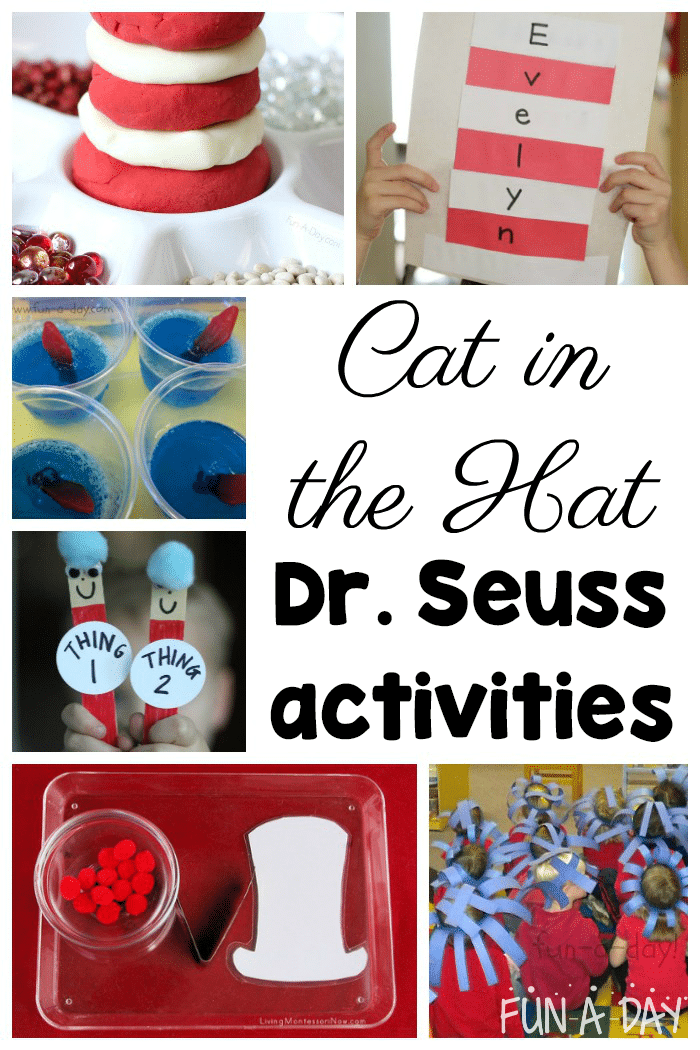 Collage of Cat in the Hat activities with text that reads Cat in the Hat Dr. Seuss activities