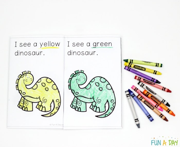 pages from a printable dinosaur book with text that reads I see a yellow dinosaur. I see a green dinosaur.