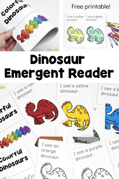 three views of a printable dinosaur book in a pinnable collage with the text dinosaur emergent reader