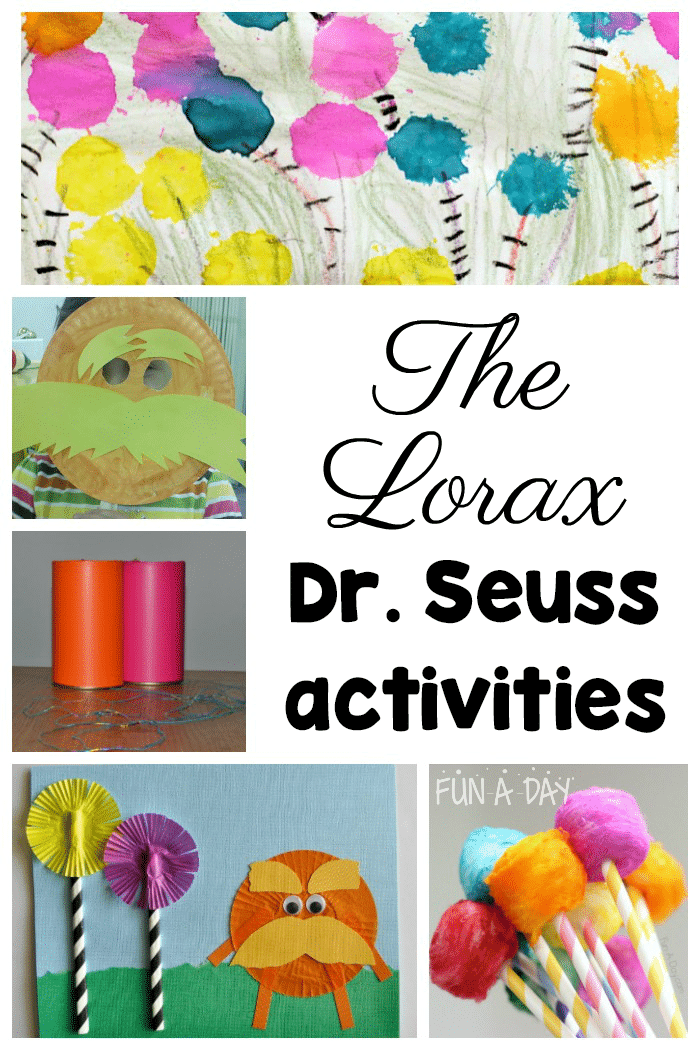 Collage of The Lorax activities with text that reads The Lorax Dr. Seuss activities
