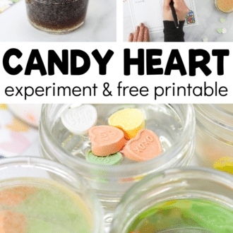 pictures of conversation heart science with text that reads candy heart experiment and free printable