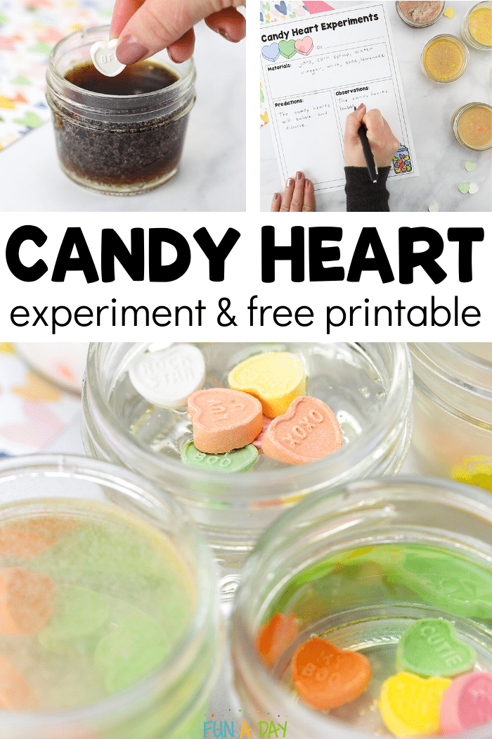 pictures of conversation heart science with text that reads candy heart experiment and free printable