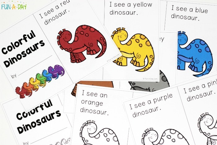 Free printable dinosaur emergent reader pages in color and black-and-white