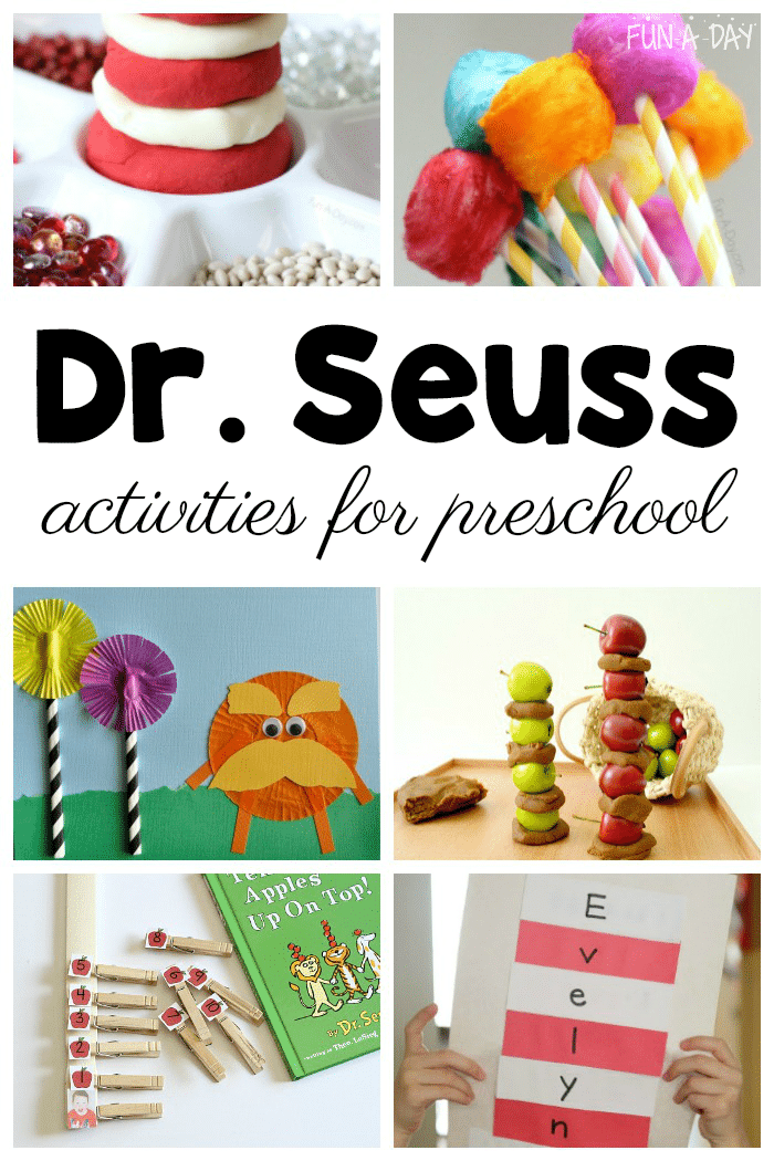 Collage of Dr. Seuss activities with text that reads Dr. Seuss activities for preschool