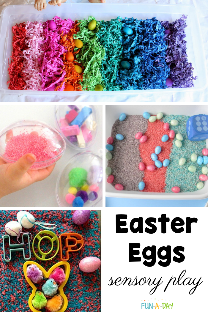 four different sensory exploration ideas in a pinnable collage with the text easter eggs sensory play