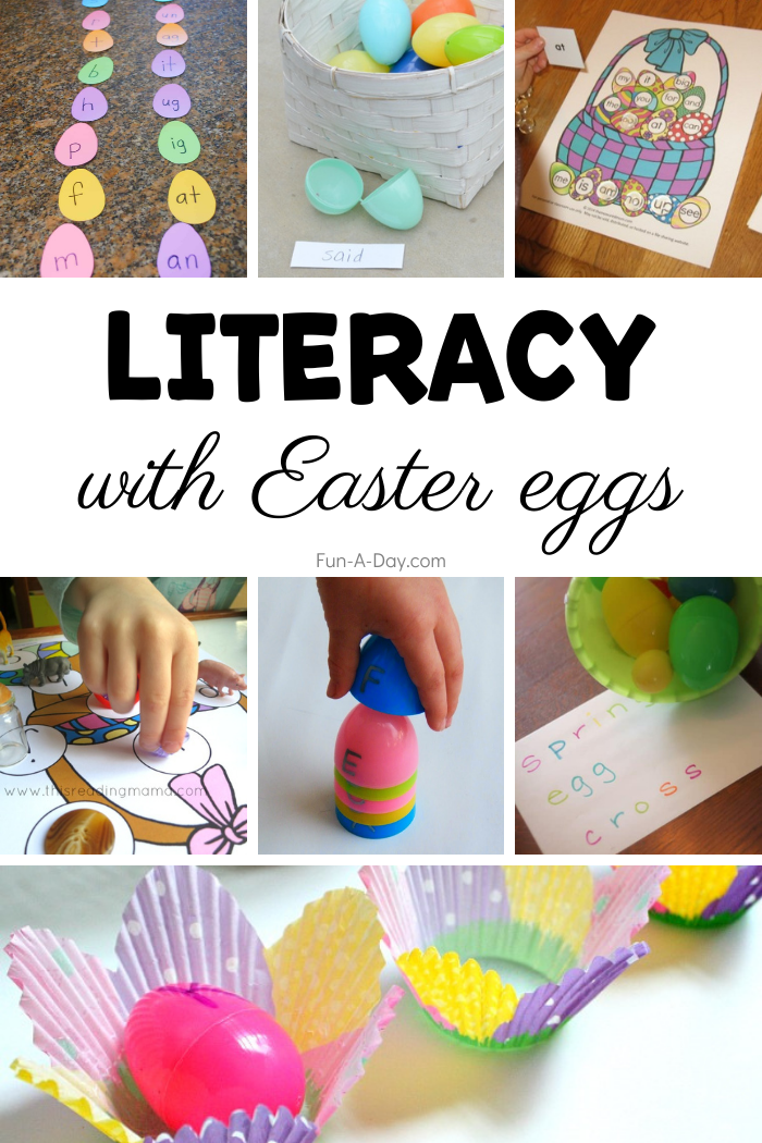 seven different preschool literacy activities using plastic eggs and the text literacy with Easter eggs