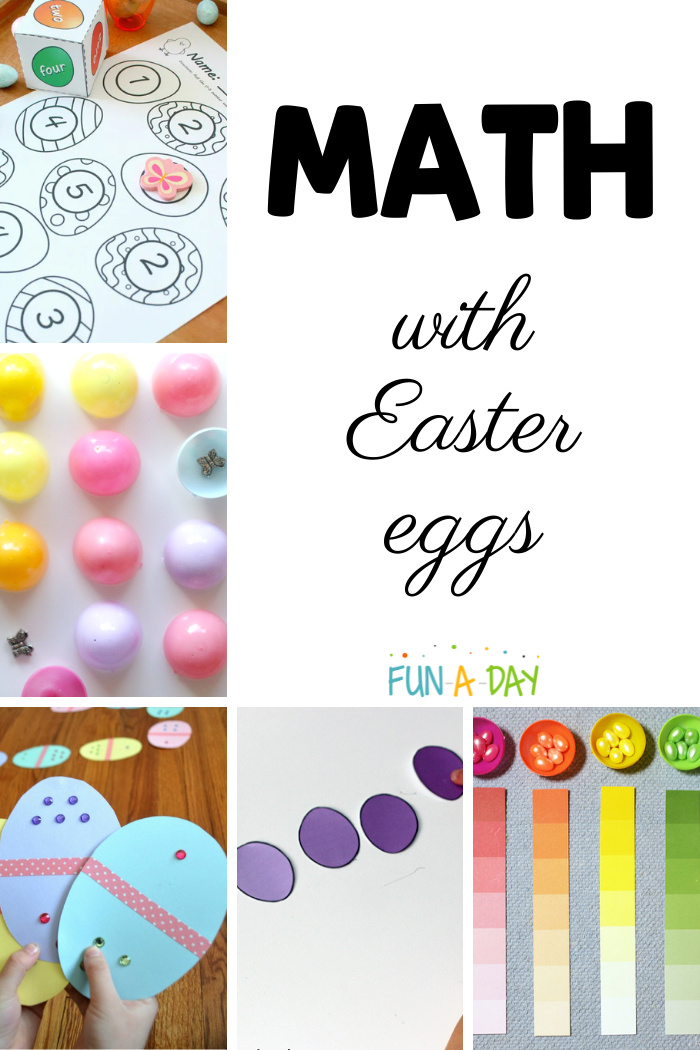 five different preschool math activities with eggs in a pinnable collage and the text math with easter eggs