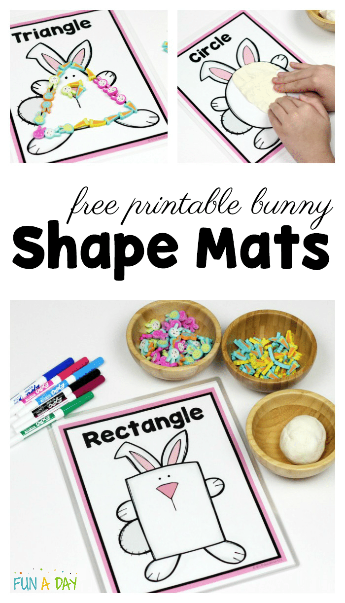 3 images of rabbit shape mats with text that reads free printable bunny shape mats