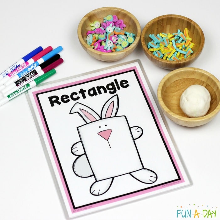 printable bunny shape mats with dry erase markers, rabbit mini erasers, carrot mini erasers, and white play dough