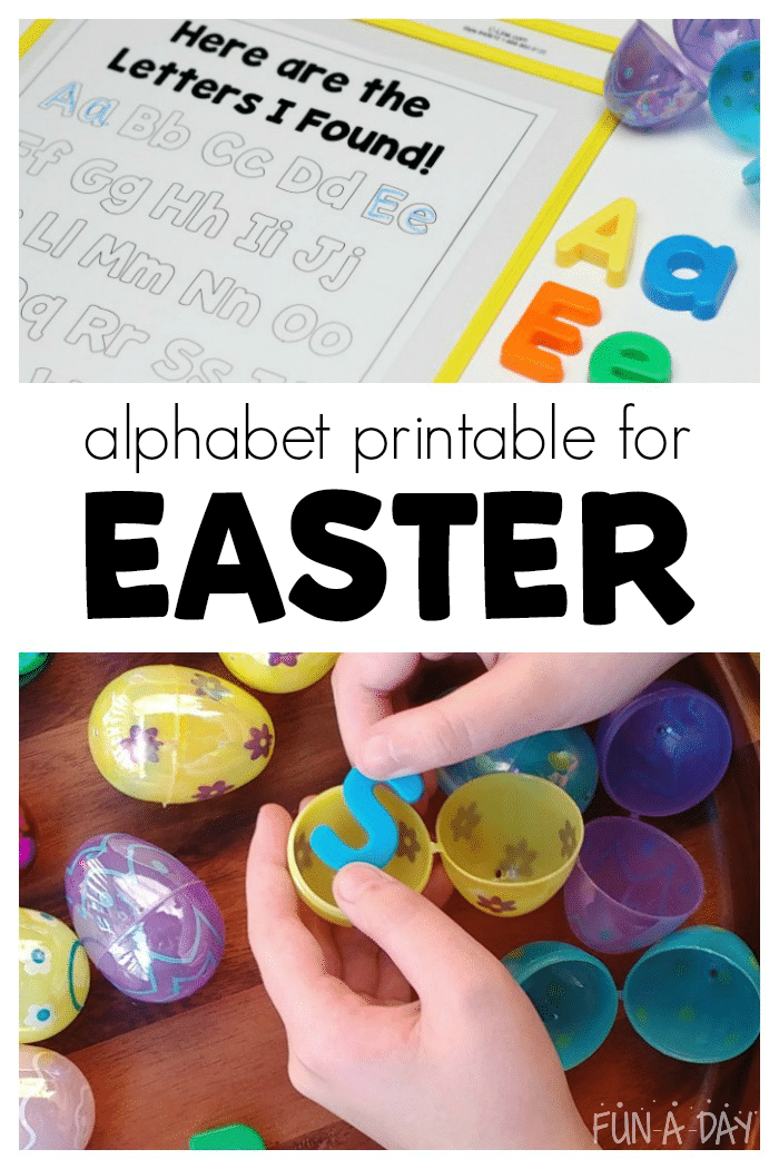 alphabet printable and child taking magnetic letter out of easter egg with text that reads alphabet printable for easter