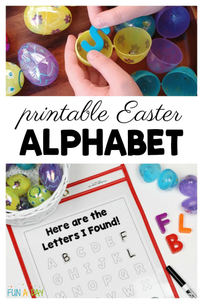 child using easter alphabet printable with text that reads printable easter alphabet