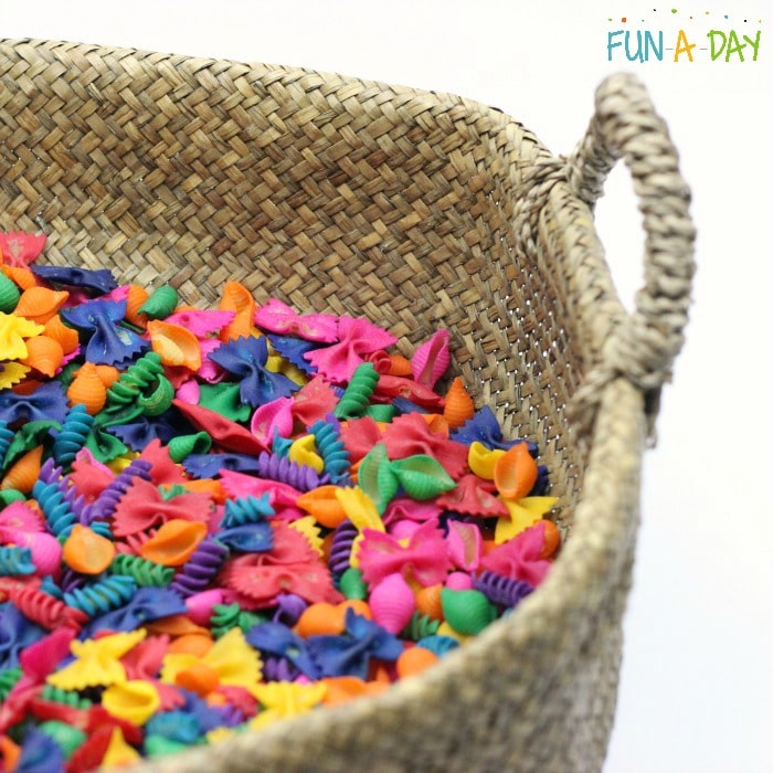 Butterfly life cycle sensory bin of colorful pasta to use with sensory bottles for preschool