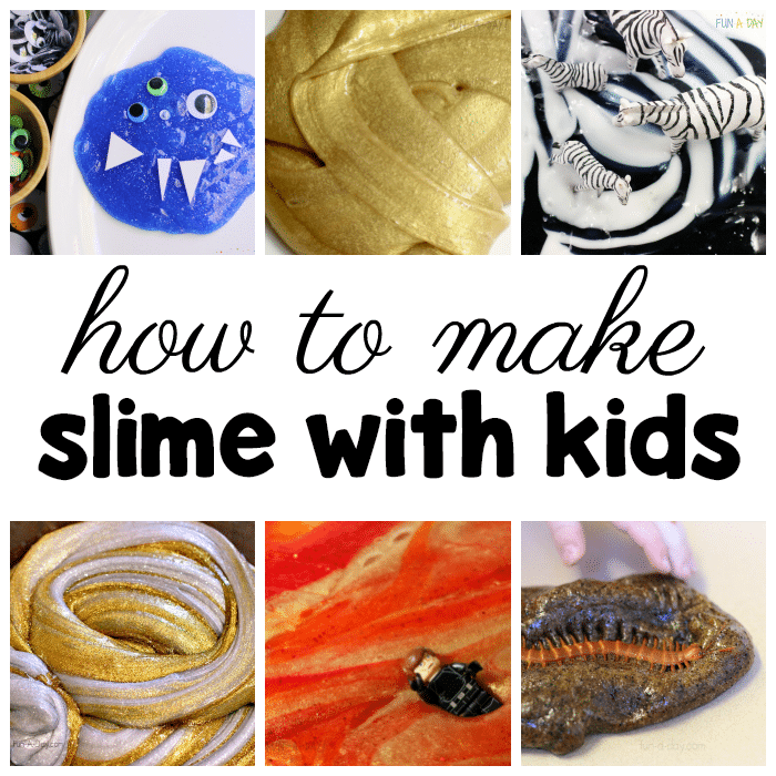 Six images of slime with text that reads how to make slime with kids