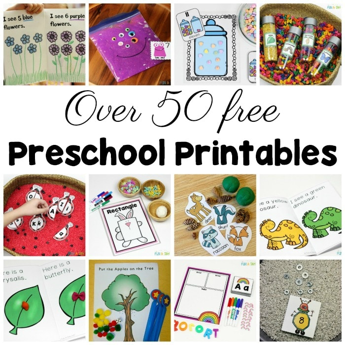 collage of printables with text that reads over 50 free preschool printables