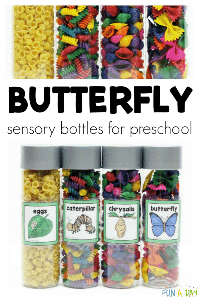 collage of colorful sensory bottles with text that reads butterfly sensory bottles for preschool