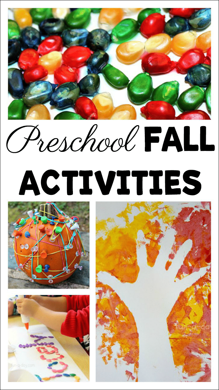 Collage of fall activities for preschoolers with text that reads preschool fall activities.