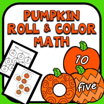 Images of pumpkin math games with pumpkin clip art. Text that reads pumpkin roll and color math.