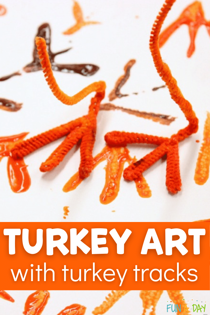 Pipe cleaner turkey 'feet' stamping on paper with text that reads turkey art with turkey tracks