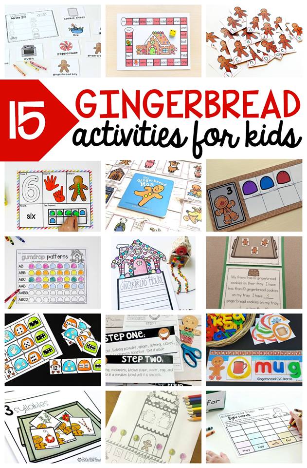 Collage of gingerbread ideas with text that reads 15 gingerbread activities for kids