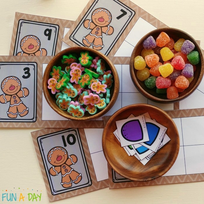 Gingerbread man printable ten frames with mini erasers and gum drops