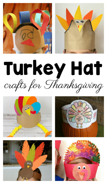 Collage of kids' turkey hats with text that reads turkey hat crafts for Thanksgiving.