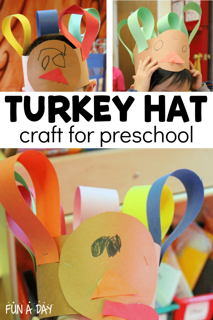 Collage of child-made turkey hats with text that reads turkey hat craft for preschool.
