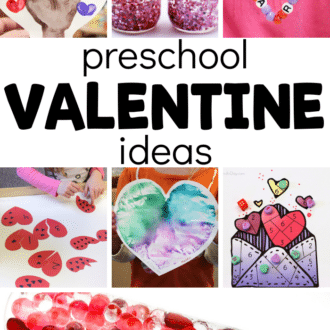 collage of valentine activities with text that reads preschool valentine ideas