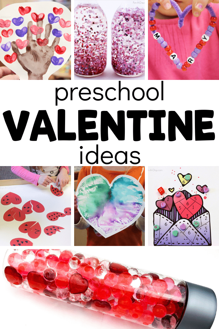 collage of valentine activities with text that reads preschool valentine ideas