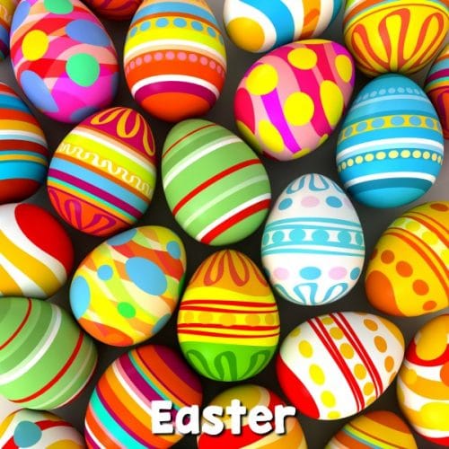 colorful easter eggs with text that reads Easter