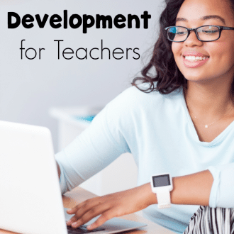 Smiling woman using the computer with text that reads online professional development for teachers