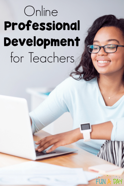 Smiling woman using the computer with text that reads online professional development for teachers