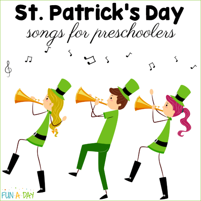 square image of 3 cartoon kids playing music with text that reads St. Patrick's Day songs for preschooleres