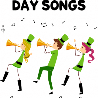 cartoon images of kids playing music with text that reads St. Patrick's Day songs for preschoolers
