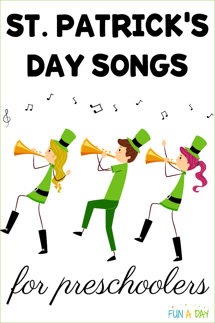 cartoon images of kids playing music with text that reads St. Patrick's Day songs for preschoolers