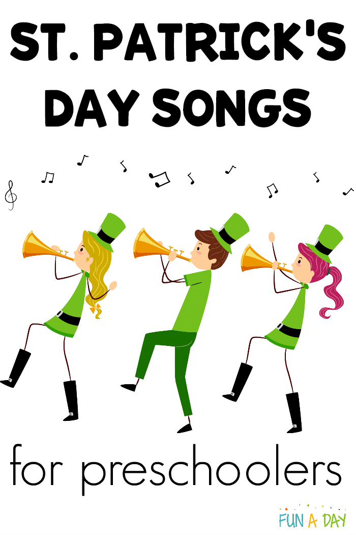 3 cartoon kids playing music with text that reads St. Patrick's Day songs for preschoolers