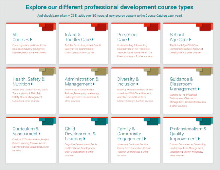 Chart showing choices for online professional development for teachers in early childhood
