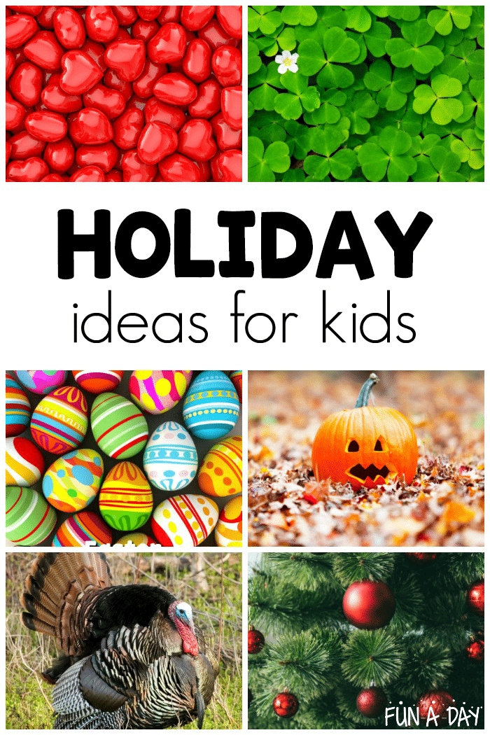 Collage of holiday photos with text that reads holiday ideas for kids