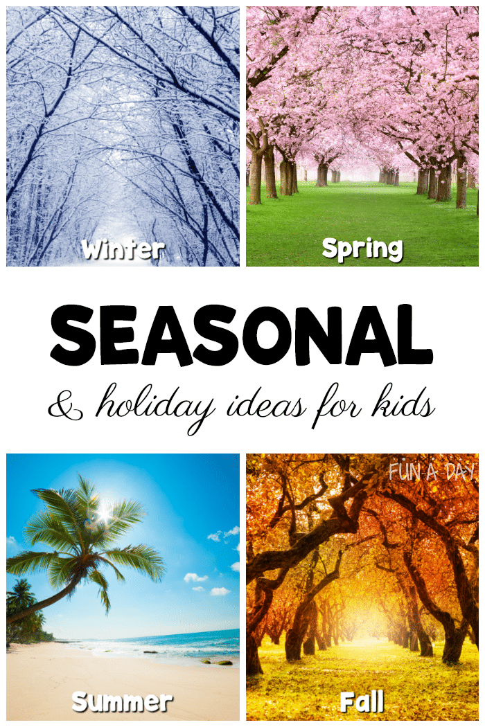 collage of seasonal trees with text that reads seasonal and holiday ideas for kids