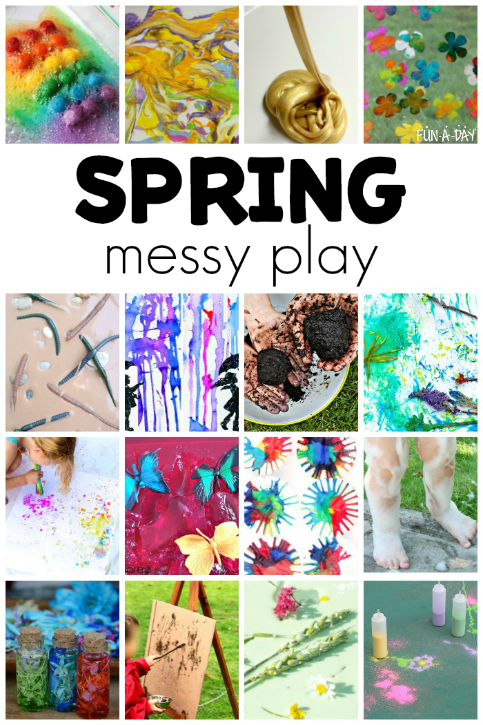 collage of spring activities with text that reads spring messy play