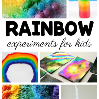 collage of rainbow experiment activities with text that reads rainbow experiments for kids