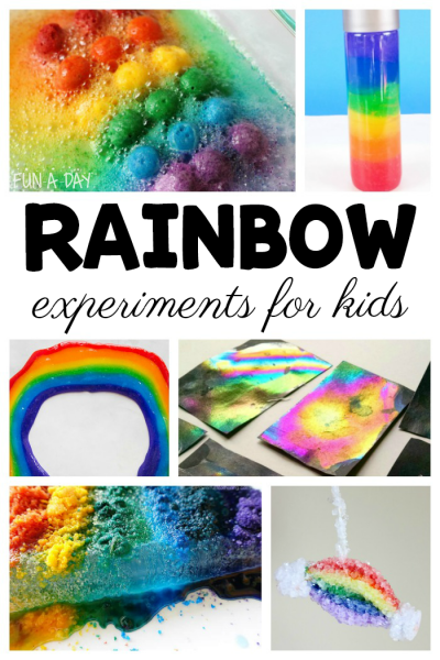 collage of rainbow experiment activities with text that reads rainbow experiments for kids