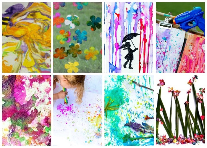 collage of messy play art ideas for spring